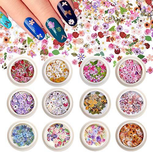 Kalolary 12 Boxes 3D Christmas Nail Art Sequin Stickers, Holographic Christmas Nail Art Sequin Acrylic Nail Stickers, Santa Snowflake Reindeer Manicure Glitter Sequin for DIY Nail Art Decoration