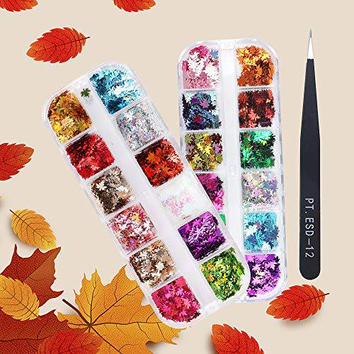 Macute Fall Nail Art Glitters Set Maple Leaf Nail Sticker Sequins, 2 Boxes Autumn Color Nail Flakes Manicure Tips Accessories Holographic Leaf Shape Paillettes for Nails Decorations Holiday Supplies