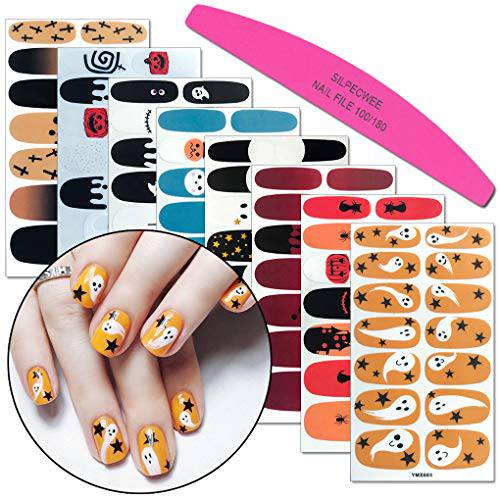 SILPECWEE 8 Sheets Nail Polish Stickers Full Nail Wraps Halloween Pumpkin Nails Design Self Adhesive Nail Polish Strips Gel Nail Strips Holiday Manicure Stickers with 1pc Nail File