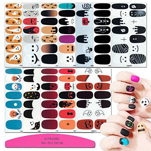 SILPECWEE 12 Sheets Nail Polish Stickers Full Nail Wraps Halloween Christmas Self Adhesive Nail Polish Strips for Women Holiday Design Fingernails Manicure Stickers with 1pc Nail File