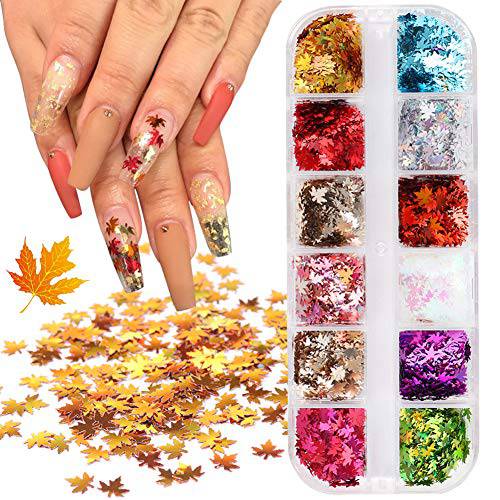 12 Colors 3D Maple Leaf Glitter Nail Sequins Fall Nail Art Stickers Decals Autumn Maple Leaves Glitter Nail Art Flakes Fall Glitters Confetti Acrylic Nails Design Supply Holographic Nail Sparkle