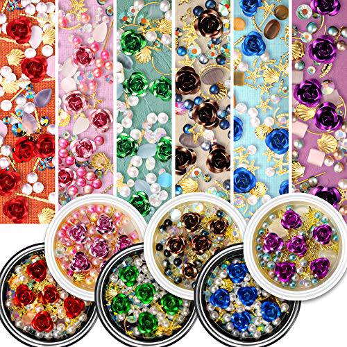Flower Nail Rhinestones, 6 Pots Mixed Metal Rose Charms Gold Shell Line Sparkle Sea-Shaped Gems Set, Colorful Pearl Diamond Artificial Gradient Jewelry DIY 3D Nail Art Decoration