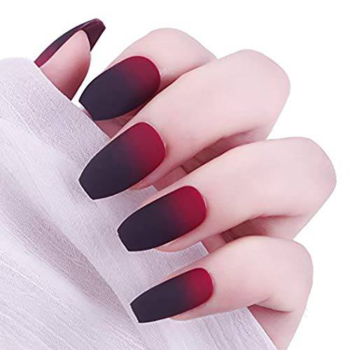 Easedaily Coffin Press on Nails Black and Red Fake Nails Matte Long False Nails Ballerina Full Cover Gradient Nails for Women and Girls