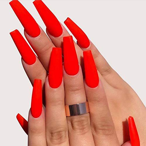 Uranian Coffin Extra Long Press on Nails Red Fake Nails Matte Ballerina Halloween Full Cover False Nails Acrylic Nails Tips for Women and Girls（24pcs) (Red)