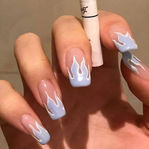 Asooll False Nails Blue Flame Long Coffin Fake Nails Full Cover Acrylic Party Prom Clip Press on Nail for Women and Girls (24Pcs)