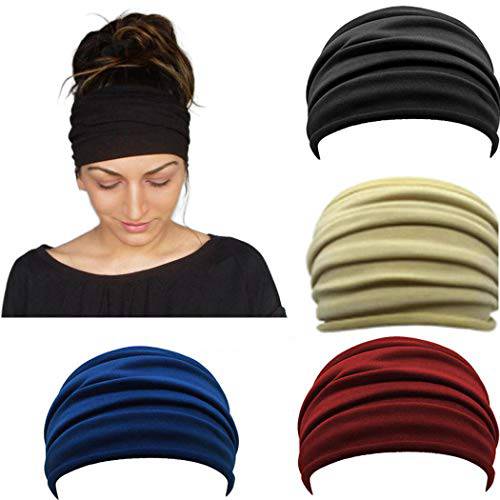 Gortin Wide Headbands Black Boho Headband Stretch Turban Head Wraps Elastic Yoga Hair Bands Soft Head Bands for Women and Girls 4 pcs