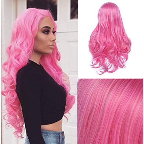 Wiwige Hot Pink Wig for Women Long Wavy Curly Middle Part Nature Looking Heat Resistant Synthetic Cosplay Costume Halloween Party Wig with Wig Cap
