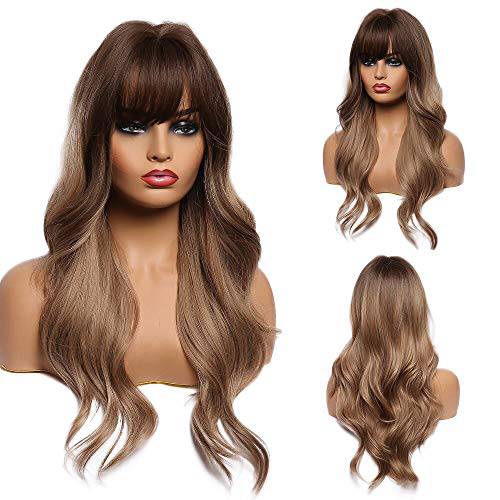 Esmee 24 Long Wavy Wigs with Bangs Dark Brown Roots Light Brown Wigs for Women Long Wave Brown Ombre Hair with Blonde Wigs,Heat-resistant synthetic wigs for daily parties and role-playing.