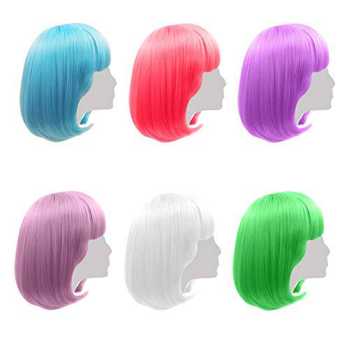 Colored Wigs 6 Pack , Short Bob Hair Wigs Neon Colorful Party Wigs for Women Girls Cosplay Costume Party Holiday Bachelorette Night Club