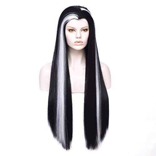 MORTICIA Long Straight Black and White Mixed Widow Peak Design Women Costume Wig
