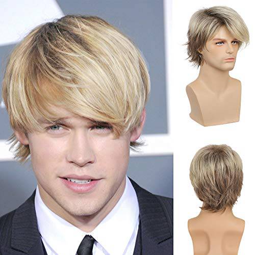 Mens Blonde Wig Short Layered Natural Synthetic Heat Resistant Wigs Halloween Cosplay Costume Halloween Wig with Wig Cap