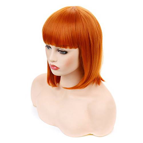 Morvally Short Straight Neat Bangs Bob Wigs Natural Looking Synthetic Hair Wig for Cosplay Costume Halloween (12 inches 2735 Orange)