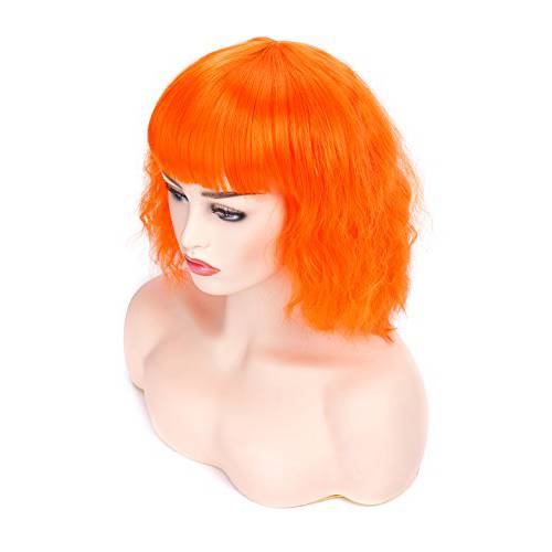 morvally Short Wavy Curly Bob Wig with Bangs Natural Heat Resistant Synthetic Hair Cosplay Costume Party Wigs (Orange)