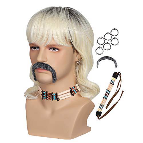 Dyed Dark Root Blonde Wig With 6 Ear Clips Necklace and Mustache for Men