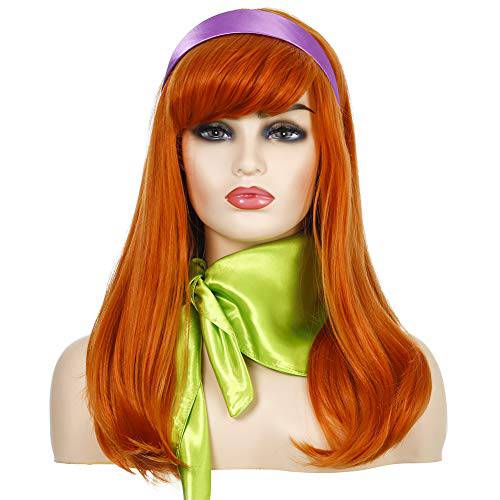 Long Wavy Ginger Orange Wigs with Bangs for Women | Green Scarf | Purple Headband (Adult Size)
