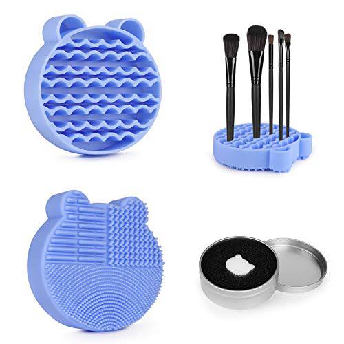 Brush Cleaning Mat+Color Removal Sponge，2 in 1 Silicone Brush Cleaning Mat with Holder for Storage&Air Dry Brushes,Clean Makeup Brushes Instantly-Blue