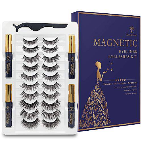 3D Magnetic Eyelashes Natural Look,Magnetic Lashes with Eyeliner,7C SevenCrown Magnetic Fake Eyelashes with Applicator Easy to Apply -10 Pairs