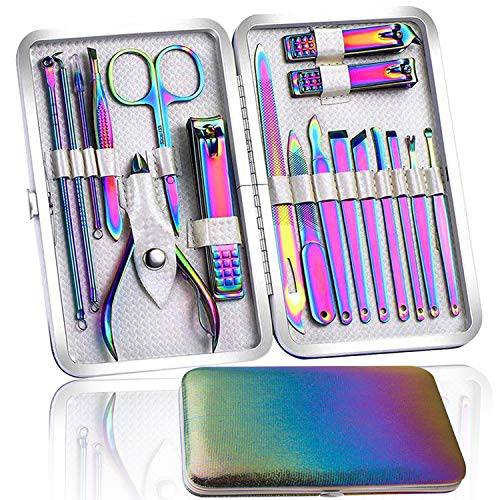 Manicure Set Nail Clippers Set Pedicure 18 Pieces Stainless Steel Manicure Kit Professional Grooming Care Tools Nose Hair Scissors Nail File.The Best Gift with Luxurious Case (Rainbow_18)
