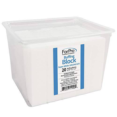 ForPro Buffing Block, Super White, 180/240 Grit, Four-Sided Manicure and Pedicure Nail Buffer, 3.75” L x 1” W x 1” H, 20-Count