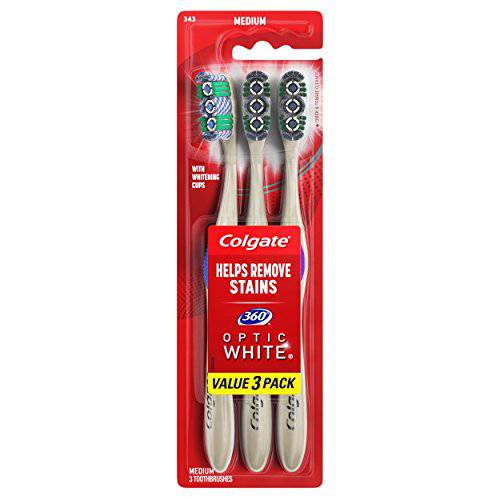 Colgate 360 Degree Optic White Whitening Toothbrush, Medium, 3 Count