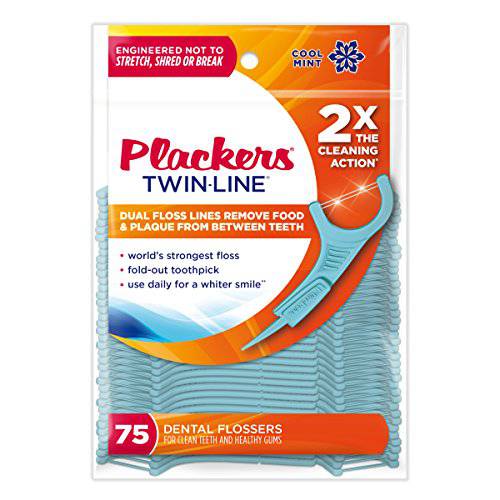 Plackers 303290518 Twin Line Whitening Floss Picks, Blue, 75 Count (Pack of 4)