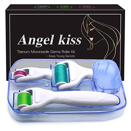 Derma Roller for Face and Body - Angel Kiss 4 in 1 Titanium Microneedling Roller Kit Micro Needle Dermaroller Skin Care Tool, 300/720 Needles 0.25mm,1200 Needle 0.3mm, Gifts for Women