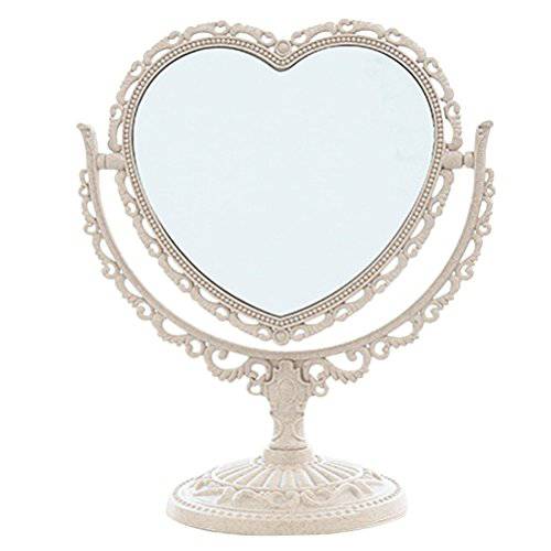 XPXKJ 7-Inch Heart Shaped Mirror Tabletop Vanity Makeup Mirror with 3X Magnification Double-Sided Rotatable Dresser Mirror Bathroom Bedroom Dressing Beauty Mirror (Heart-Shaped, Beige)