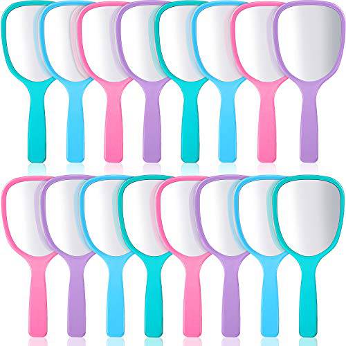 16 Pieces Hand Handheld Mirror with Handle Plastic Travel Makeup Handheld Cosmetic Mirror, Portable Vanity Mirror for Travel, Camping, Home, 3.15 Inch Wide, 7.09 Inch Long（Blue, Green, Pink, Purple）