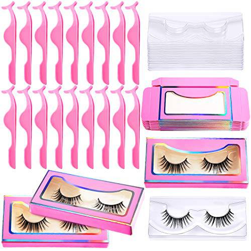 90 Pieces Empty Eyelash Case Set Include 30 Holographic Frame False Eyelash Storage Box Empty Eyelash Packaging Box, 30 Eyelash Tray, 30 False Eyelash Applicator Tool for Women (Pink)