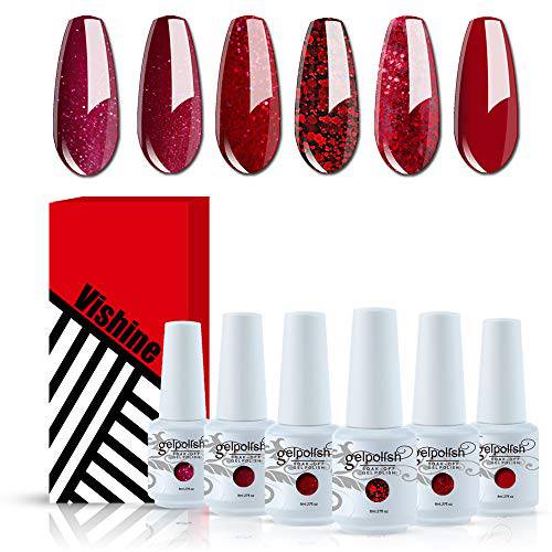 Vishine Red Glitter Gel Nail Polish Set - Burgundy Glitter Set of 6 Colors Soak Off UV LED Gel Nail Art Manicure Kit