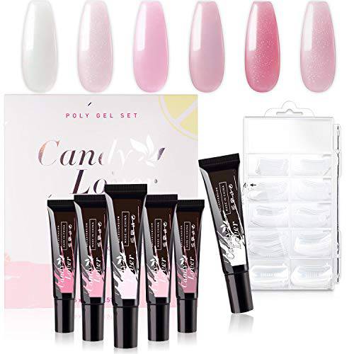 Candy Lover Poly Nail Extension Gel Kit - 6 Colors QikGel Acrylic Nail Enhancement Slip Solution Free Clear Pink White Shimmering Builder Trail, Professional Technician Manicure French Series SP-19