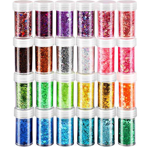 24 Boxes Holographic Chunky Glitter, FANDAMEI 24 Colors 10g Nail Art Glitter Sequins, Iridescent Glitter Flakes for Nail, Eye, Body, Face, Hair. Cosmetic Glitter for Festival, Halloween Makeup