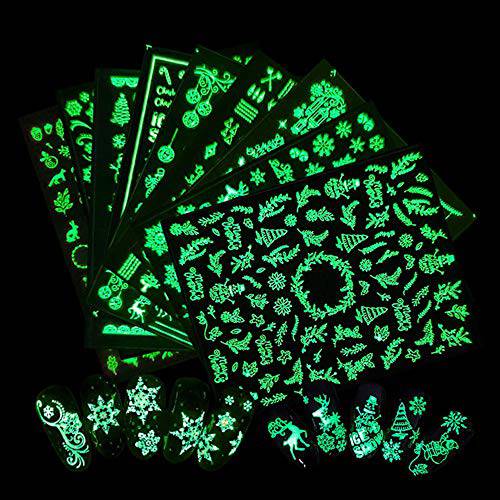 3D Christmas Nail Art Stickers Xmas Nail Decals Snowflake Elk Leaf Snowman Santa Tree Luminous Effect Design Glow In The Dark Nail Stickers Winter New Year Charms Nail Supplies Decorations 9 Sheets