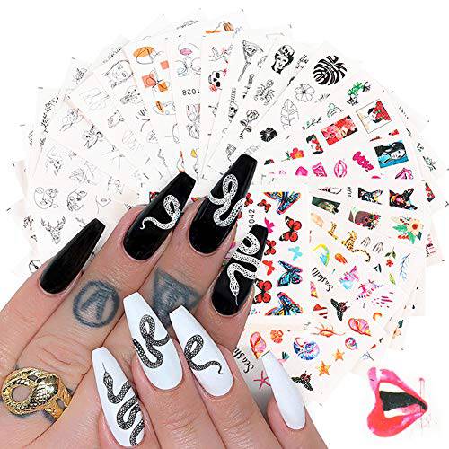 Hot Snake Pattern Nail Art Stickers 16 Sheets Water Transfer Snake Butterfly Flower Nail Design Decals Nail Art Supplies Trendy Snake Nail Stickers for Women Manicure Tip Accessories Decor