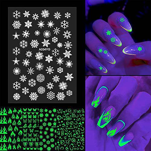 MiaoWu 5 Sheets Luminous Nail Art Stickers Decals 3D Nail Stickers Fluorescent Glow in The Dark Nail Art Design Butterfly Christmas Nail Decals Stickers Self Adhesive for Xmas Party Favor Supplies
