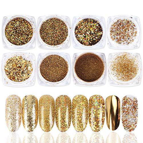 Macute Holographic Nail Art Glitters Laser Effect Nail Decoration Sequins 8 Boxes Sparkle Powder Flakes for Women False Acrylic Nails Decorations Design Manicure Tips Wraps Charms Face Eye Accessory