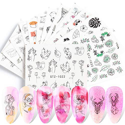 Nail Water Stickers Decals Foil Tattoo Nail Art Supplies Abstract Image Snake Flower Leaf Black Line Face Animals Charms Butterfly Skull Design for Manicure Nail Art Watermark Decorations 16 PCS