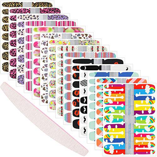 14 Sheets Full Nail Wraps Adhesive Nail Design Stickers Colorful Nail Decal Strips Adhesive Nail Wraps Stickers False Nail with 1 Piece Nail File (Leopard, Heart, Stripe, Beard Pattern)