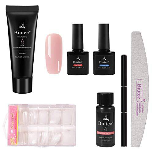 seisso Poly Nail Kit Gel, 2 Colors 15ml Nail Extension Gel Trial Kit Enhancement Builder for Nails Art Salon at Home Beginner DIY Gel Nail All-in-One French Kit for Starter & Professional