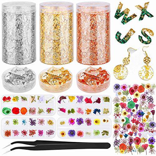 Resin Accessories Decoration Kit with Dried Flowers and Gold Foil Flakes, Audab 130 Pcs Natural Dry Flowers with Gold Nail Flakes for Resin Jewelry Making Nail Art