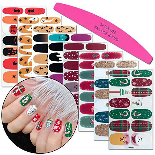 SILPECWEE 8 Sheets Nail Polish Stickers for Women Full Nail Wraps Halloween Christmas Self Adhesive Nail Polish Strips Holiday Nails Design Manicure Stickers with 1pc Nail File
