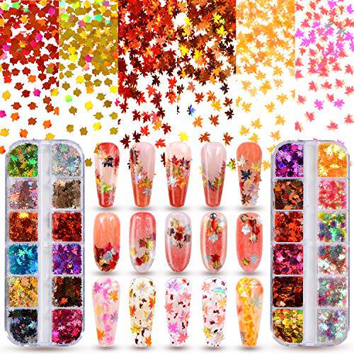Warmfits Maple Glitter Fall Leaf for Nail Art 24 Colors Holographic Autumn Nail Art Chunky Glitter Brown Bronze Orange Gold Red Leaf Glitter for Nail Art Decals Craft Resin DIY Christmas Decorations