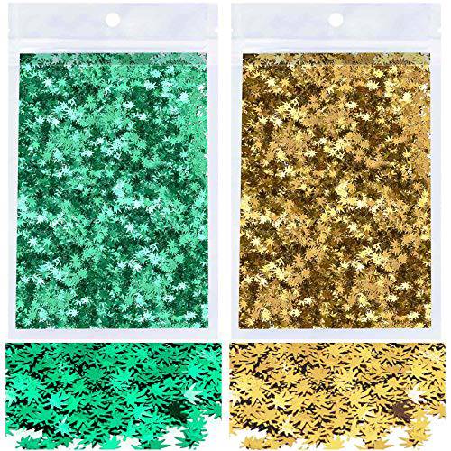 40 Grams Weed Leaf Confetti, Acejoz 2 Bags Marijuana Leaf Glitter Includes Green and Gold Leaf Glitter for Resin, Beauty Make Up, Weed Nail Art and DIY Decoration