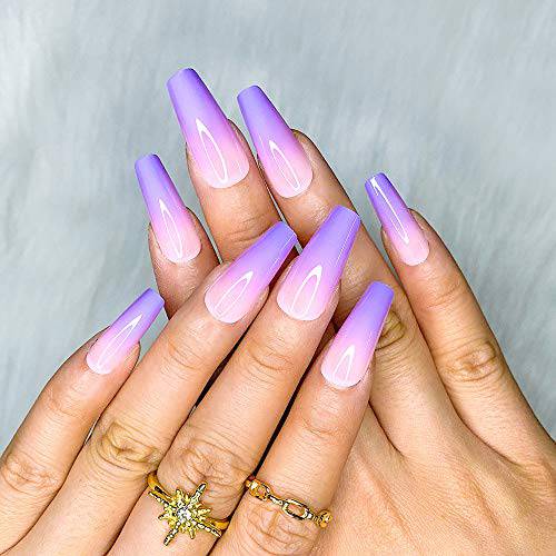 Artquee 24pcs French Purple Ballerina Nude Ombre Long Coffin Glossy Fake Nails Press on Nail False Tips Manicure for Women and Girls