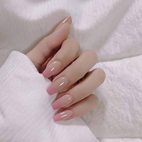 BABALAL 24PCS Glossy False Nails Full Cover Gradient Pink Nude Coffin Fake Nails Ballerina Medium Length Press on Nails for Women and Girls