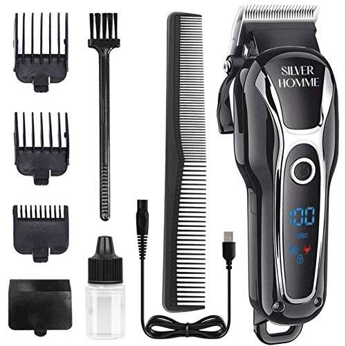 Silver Homme Hair Clippers for Men Professional Cordless Clippers for Hair Cutting Beard Trimmer Barbers Grooming Kit Rechargeable, LED Display