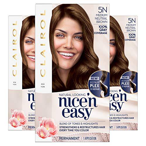 Clairol Nice’n Easy Permanent Hair Dye, 5N Medium Neutral Brown Hair Color, Pack of 3