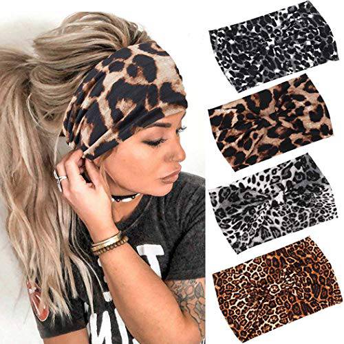 Gortin Boho Headbands Black Yoga Leopard Hair Bands Stretch Wide Head Bands Twist Turban Knot Sweatbands Elastic Hair Wraps for Women and Girls Pack of 4