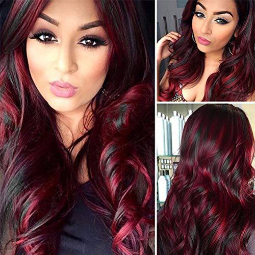 Sallcks Brown Red Wig for Women Long Curly Wavy Wig with Highlights Layered Silky Middle Part 2 Tone Synthetic Cosplay Costume Wigs