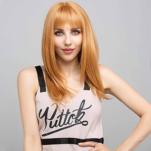 SOKU Strawberry Blonde Synthetic Wig 20 Natural Straight Hair with Fringe Bangs Flawless Hairline Glueless Machine Made Wigs for Women Girls Party Wig Soft Hair Realistic Wigs